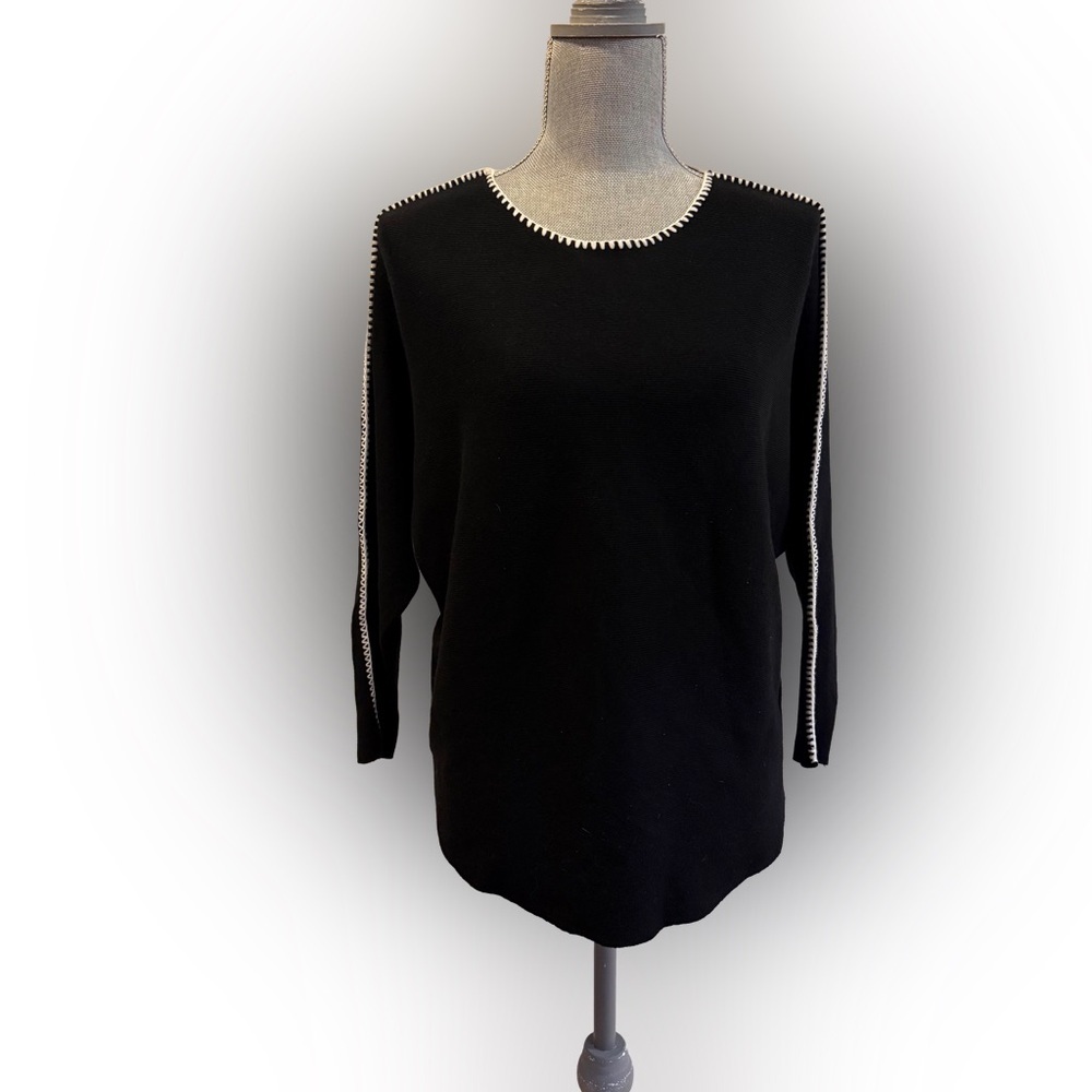 Vila Milano Black Lightweight Sweater with White Trim, Size M - Picture 2 of 6
